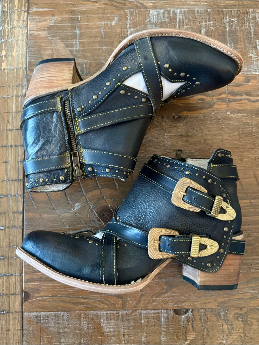 NEW Samantha Black Leather Ankle Boots with Brass Accents, Size 10